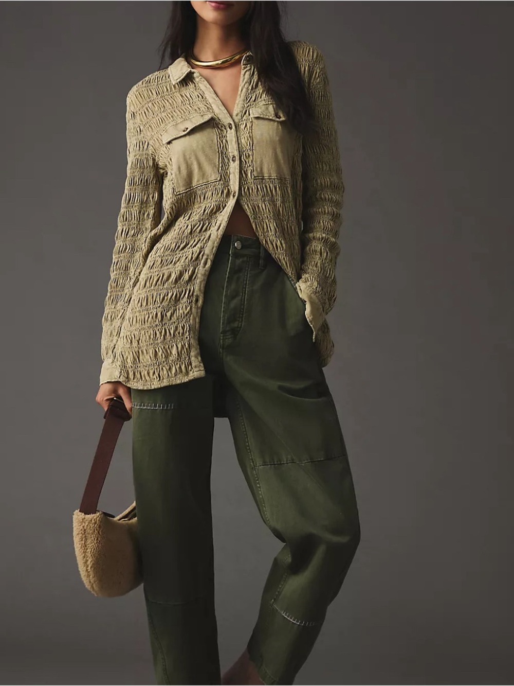 Anthropologie Pilcro Smocked Shacket in Tan Size: M